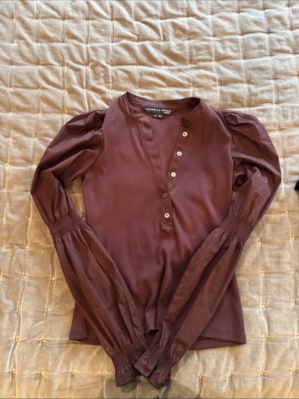 Veronica Beard Burgundy Puff-Sleeve Henley Blouse